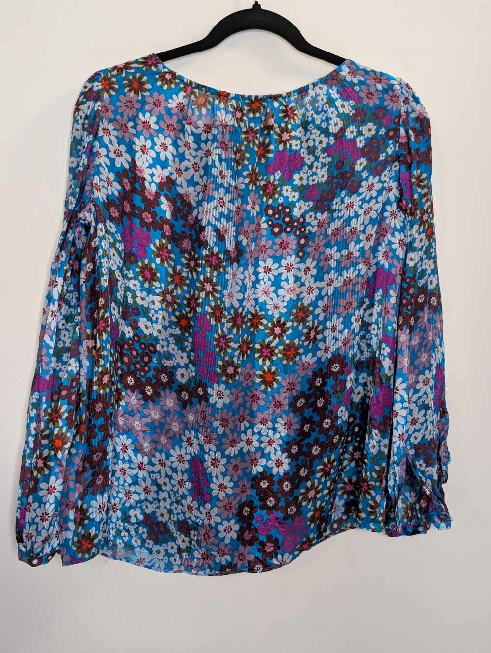 Kate Spade Pacific Petals Silk Floral Blouse Blue Sheer Ruffle Sleeve Top Small - Picture 8 of 8